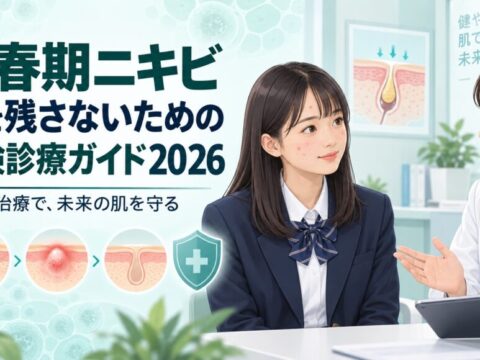 思春期ニキビの保険診療ガイド2026を案内する医師と高校生のイラスト