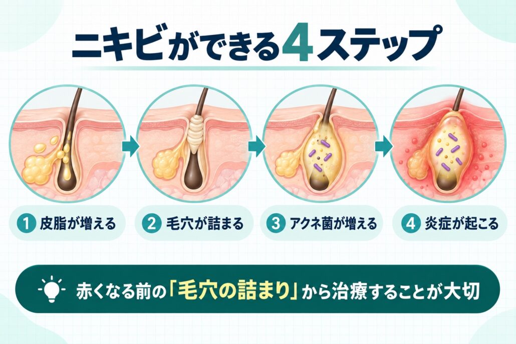 皮脂増加から炎症まで、ニキビができる4段階を示す図解