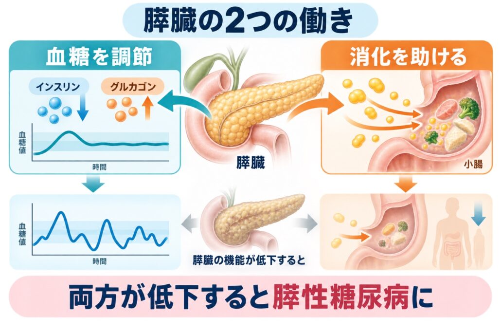 膵臓の血糖調節と消化の2つの働き、機能低下による膵性糖尿病を示す図